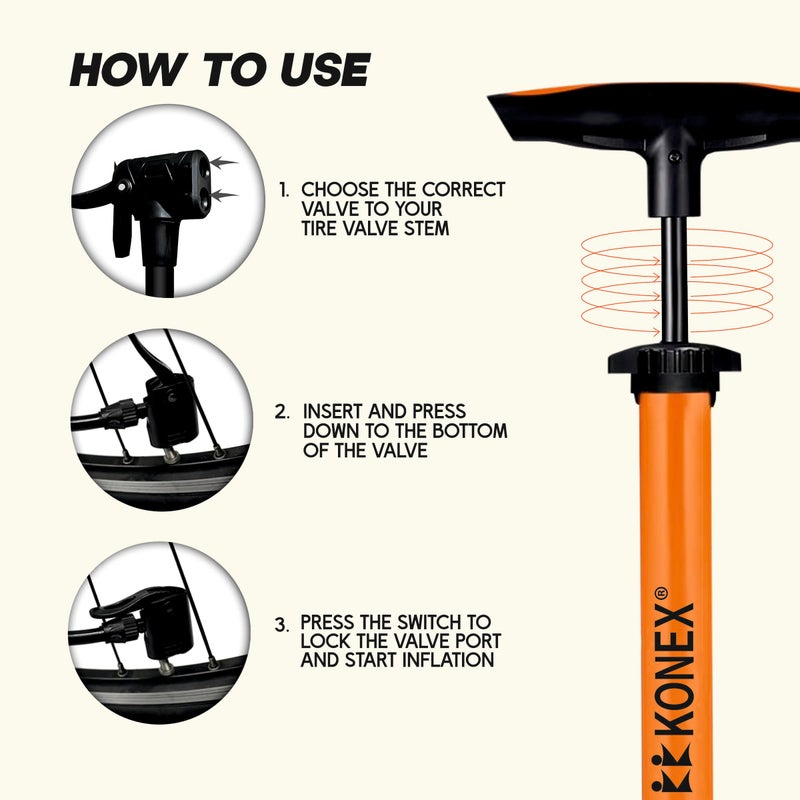 Konex Portable Air Pump with Needle & Dual Valve | Ergonomic Grip with Sturdy Base | Ideal for Inflating Cycle Tyres, Sports Balls, Swimming Rings, Balloons (Orange) - Premium Accessories for Performance, Durability and Everyday Use - Image 3